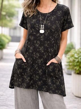 NWT Gudrun Sjoden Hassel Tunic 100% Linen Floral Short Sleeves, Size Large (L)